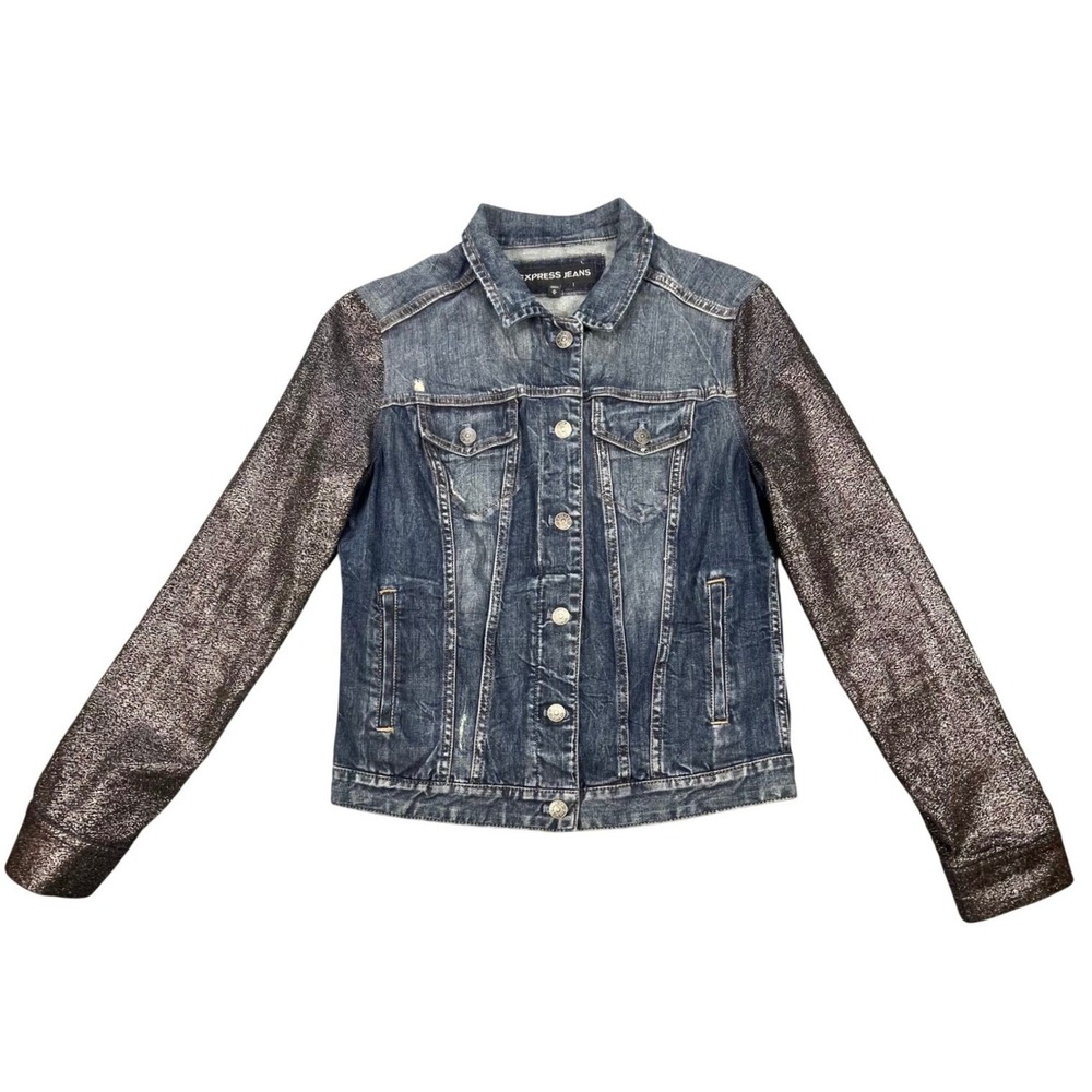 Express Blue Metallic Bronze Sleeve Denim Jacket Womens Medium